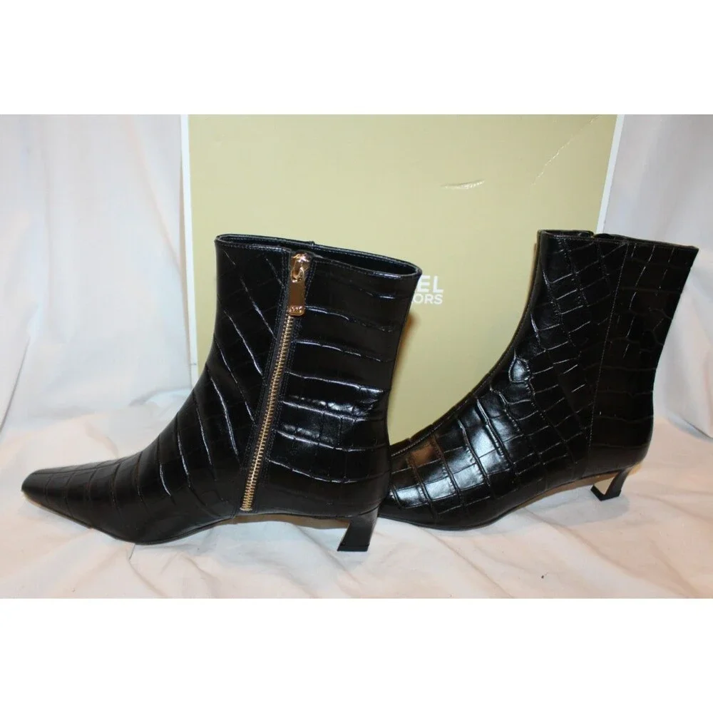 Michael Kors $175 Cosmo Croc-Embossed Bootie Kitten Heels Boots Black NIB 7